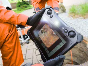 A plumber uses a camera to provide main sewer line services in Jupiter FL.